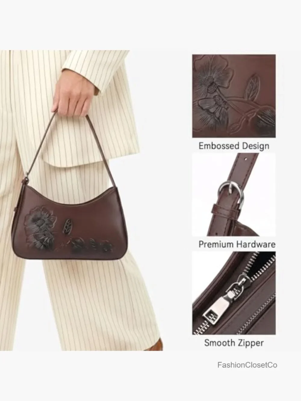 Small Vegan Leather Hobo Crossbody Purse with Floral Embossed Adjustable Strap